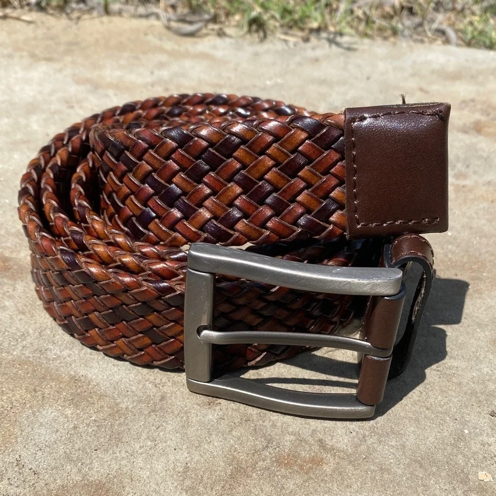Tommy Bahama woven leather belt mens L rectangle buckle brown tones adjustable